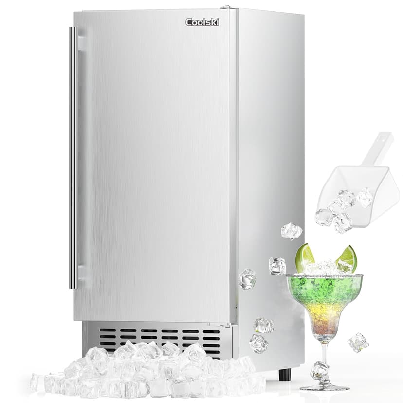 Coolski Under Counter Ice Maker Machine, Stainless Steel Built-in Freestanding Ice Maker for Commercial & Home Use, 80 Lbs/Day, 30 Lbs Storage, Self Cleaning, Thicknesses Adjustable