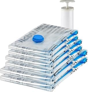 Amazon Basics Multiple Vacuum Compression Zipper Storage Bags for Space Saving and Travel with Hand Pump, 6-Pack (2 Jumbo, 2 Large, 2 Medium), Transparent