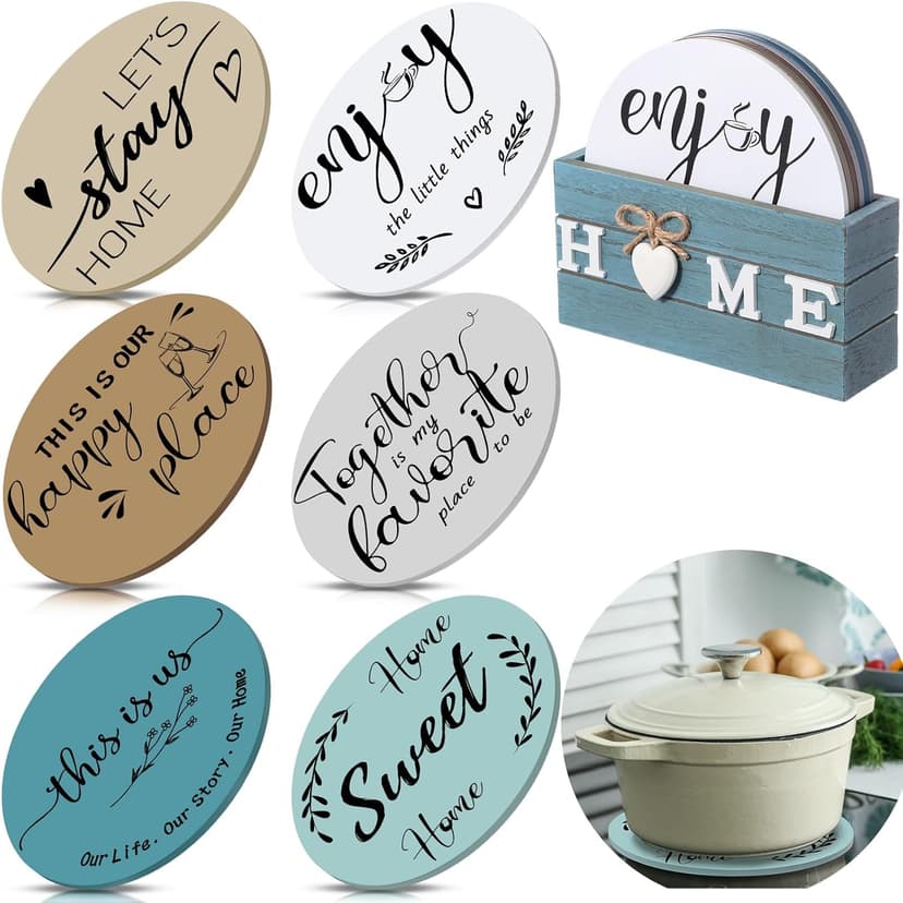 Queekay 6 Pcs Artisanal Wooden Coasters Trivets Set for Hot Pots and Pans Christmas Housewarming Gifts New Home 7" Farmhouse Pot Holder Trivets for New Apartment Home Buyers Presents(Ocean)