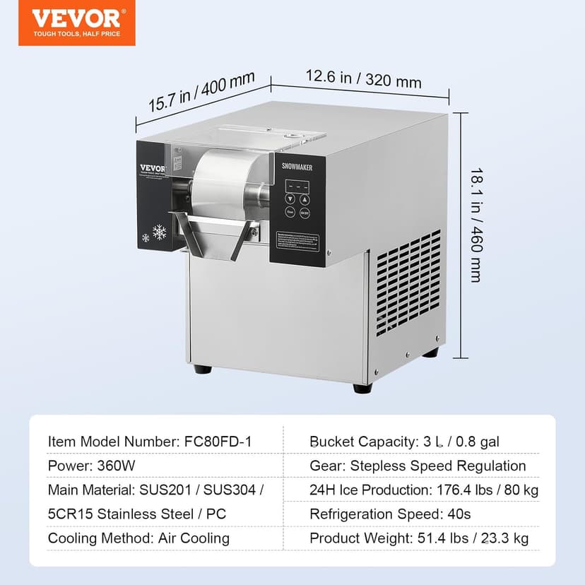 VEVOR Commercial Snowflake Ice Machine, 176.4LBS/24H Snowflake Ice Maker, Stainless Steel Ice Shaver Machine, Electric Snow Cone Maker, Air Cooling System for Rapid Heat Dissipation, for Bakery, Café