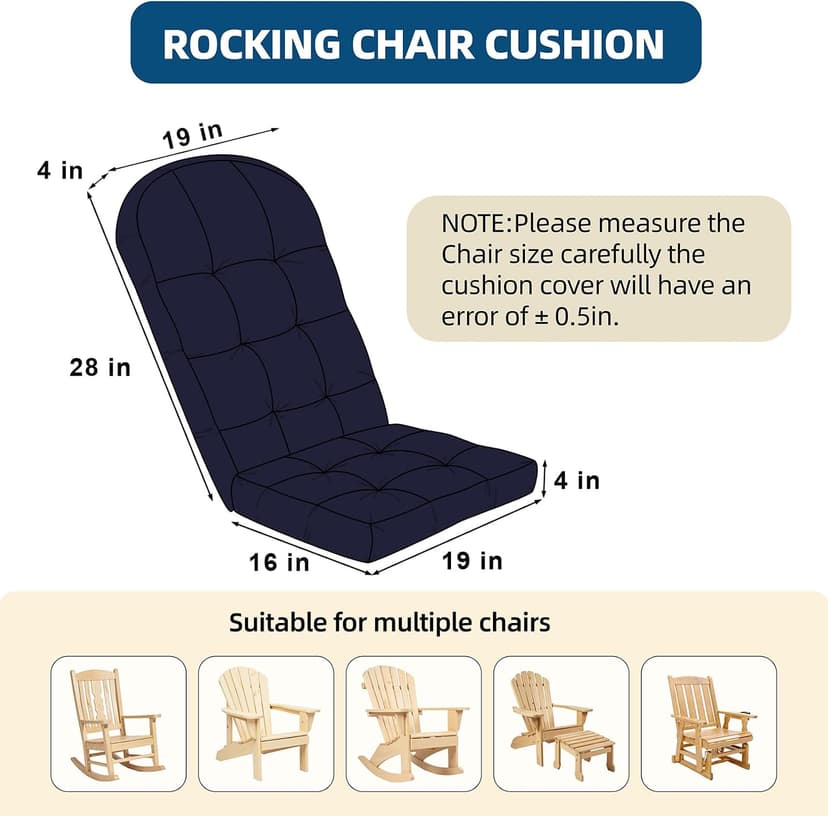 Adirondack Chair Cushion with Non-Slip & Waterproof, 44x19x4 Inch Thick High Back Rocking Chair Cushions Outdoor Indoor, One-Piece Patio Seat Cushion for Glider Porch Rocker Lawn Chair, Army blue
