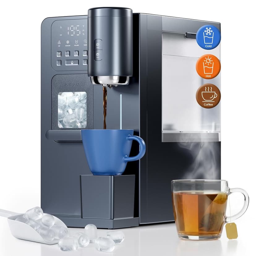 3-in-1 Water Dispenser with Ice Maker - Coffee Maker Countertop Bullet Ice Maker with 12H Timer, Hot/Cold/Warm Adjustable Volume Water, K-Cup® Ground Coffee Brewer for Home Office Studio Gift