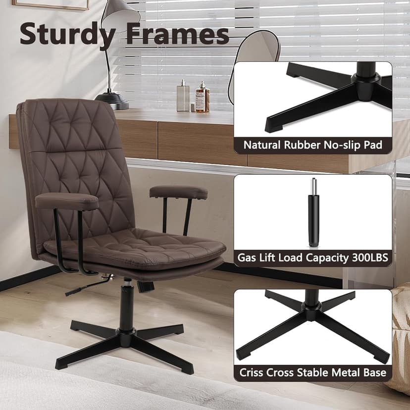 CLATINA Office Chair No Wheels, Leather Criss Cross Desk Chairs with Arms, Modern Cross Legged Computer Chair, Mid Back Height Adjustable Swivel Task Vanity Chair for Home Office, Chocolate Brown