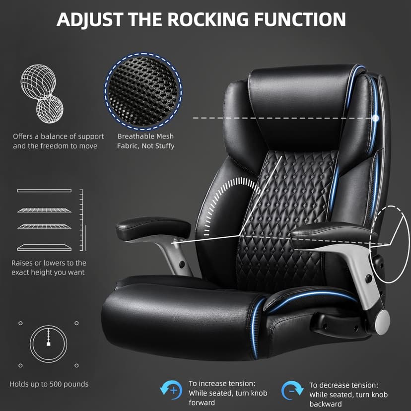 VITESSE 600lbs Big and Tall Office Chair with Flip up Armrest, Large Heavy Duty with Ergonomic Lumbar Support, Executive Office Chair for Heavy People with Quiet Rubber Wheel(Black)