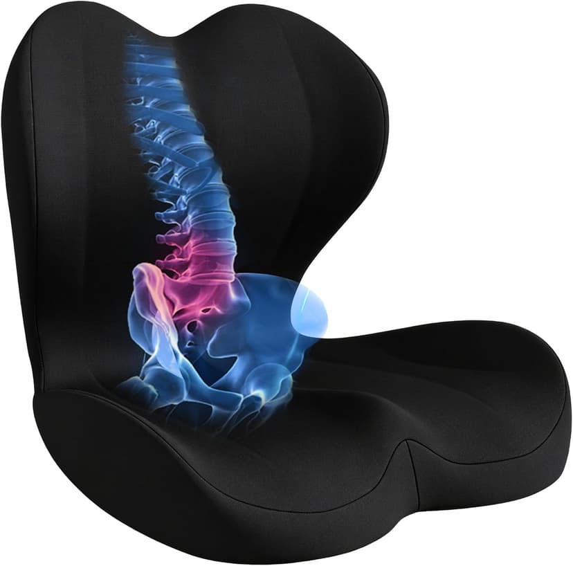 Seat Cushion for Office Chair and Car, Lumbar Support Pillow for Office Chair, Memory Foam Ergonomic Seat Cushion for Long Sitting, Back & Tailbone Pain, Sciatica - Black