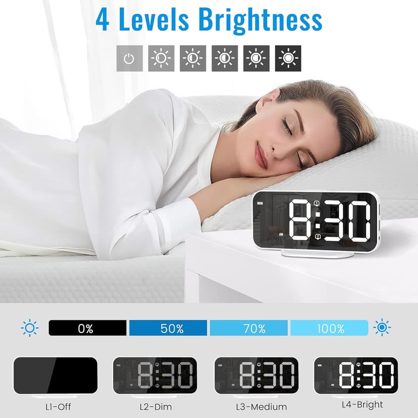 Alarm Clocks for Bedrooms, Slim LED Mirror Digital Alarm Clock, Large Display with Diming Mode, Dual Alarms & USB Ports, 4 Levels Brightness, Desk Clock for Office Home Bedroom Living Room Decor