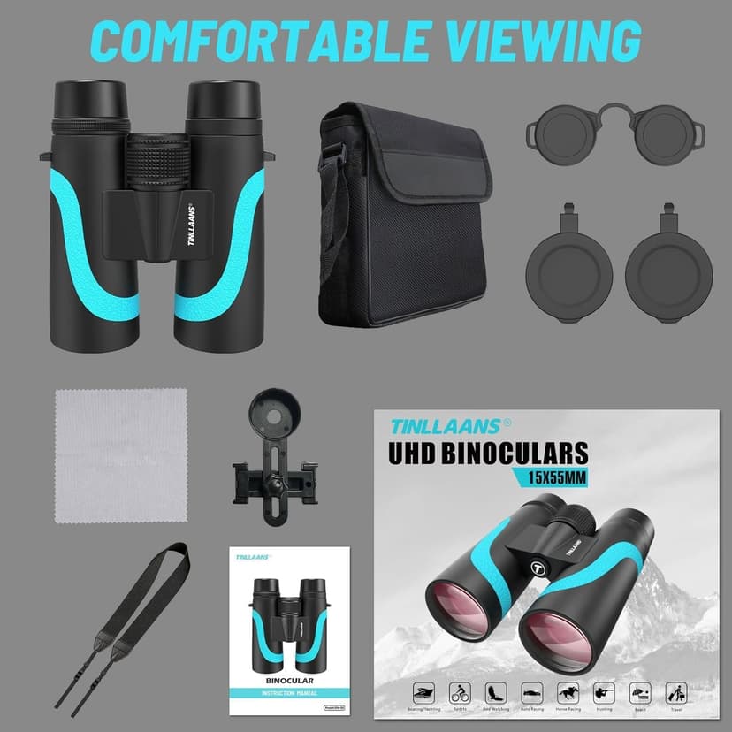 15x55 UHD Binoculars for Adults – High Powered Large View, BAK4 Prism, Waterproof & Lightweight for Bird Watching, Hunting,Hiking, Travel, Cruise, Sports with Phone Adapter (Blue)
