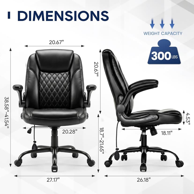 MALOL Leather Office Chair, Computer Desk Chair with Adjustable Lumbar Support, Thick Cushion, Flip-Up Arms and Ergonomic Back, Comfy Executive Office Chair for Home Office Gaming,Black