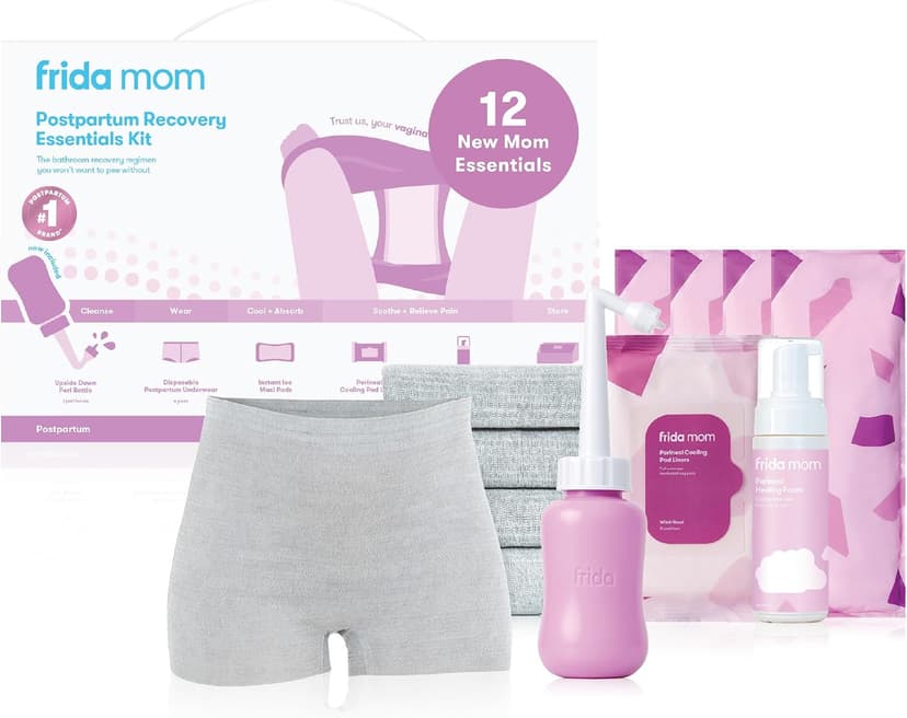 Frida Mom 11pc Postpartum Essentials Kit Gift Set, Hospital Bag Must Haves for New Mom, Includes 4 Disposable Postpartum Underwear, 4 Ice Maxi Pads, Perineal Healing Foam & 24 Pad Liners & Peri Bottle