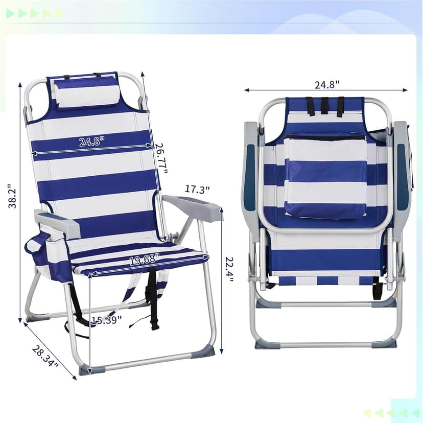 VINGLI Aluminum Backpack Beach Chair for Adults, Portable Lightweight Reclining Beach Chair with Headrest & Side Pocket, Lay Flat Beach Chair with 5 Positions for Outdoor Lawn/Fishing/Pool Lounge