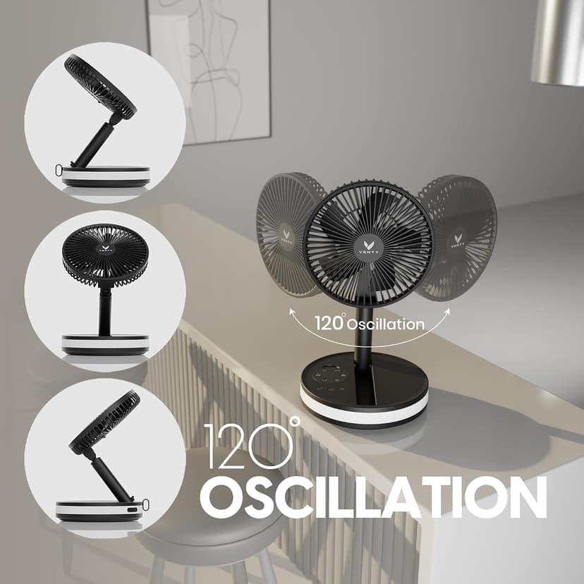 VENTY Portable Fan - Wireless Battery Operated Fan - 4 Speeds - LED Lighting - Carry Case & Remote Control - Cruise Travel - Outdoor Travel RV Power Bank With USB-C Port (Black with Case) B09PMQF5S9