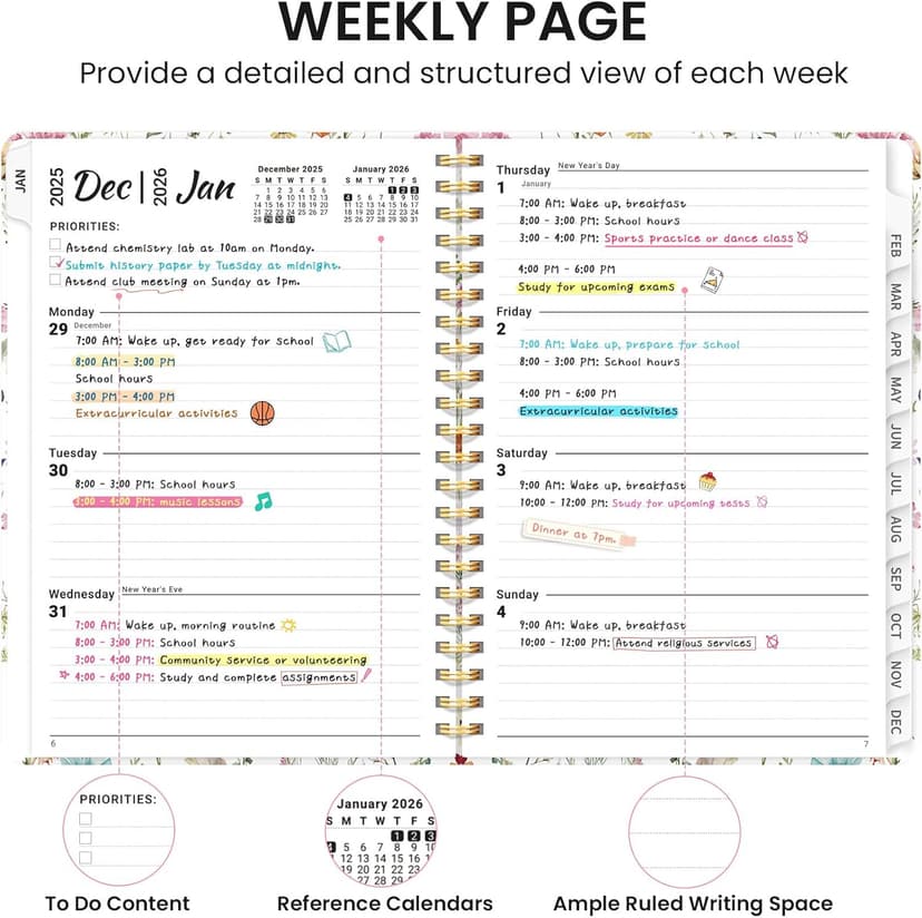 2026 Planner, Weekly and Monthly Calendar Planner for Women, Jan 2026 - Dec 2026, Hardcover Planning Agenda Book with Tabs, Spiral Bound, Inner Pocket, Perfect for School Office Supplies, 6.3" x 8.5" - Wildflowers