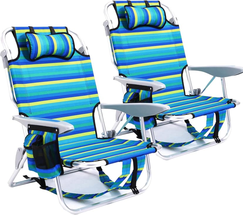 2 Pack Lightweight Portable Camping Beach Chair for Adults, Outdoor Lay Flat Folding Beach Chairs with 5 Positions, Backpack Beach Chair with Towel Bar, Zipper Pouch, Cup Holder, Ocean Striped