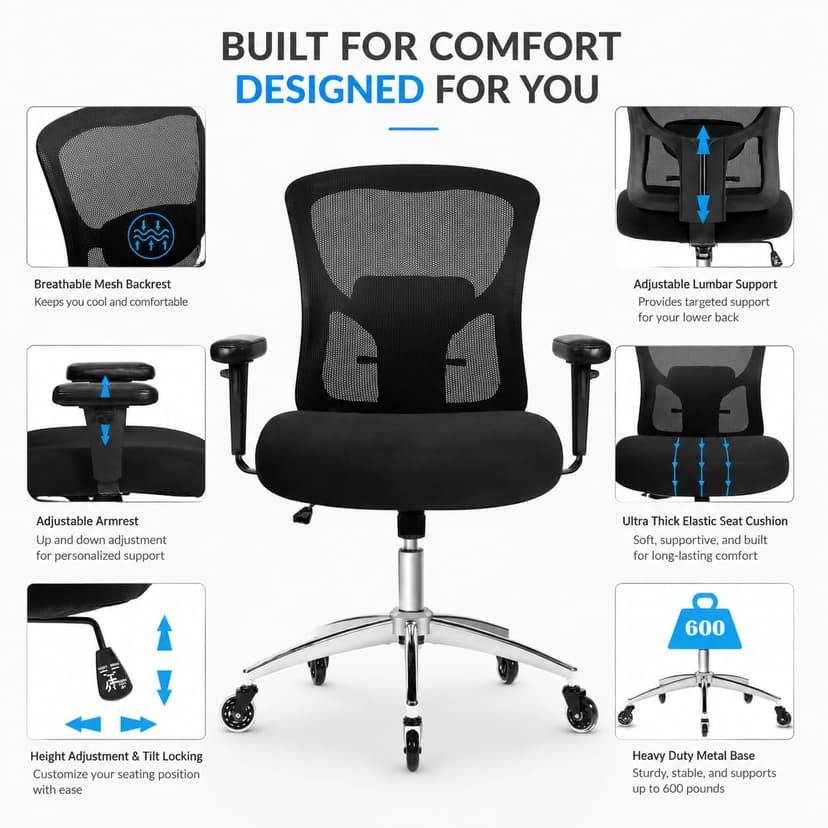Big and Tall Office Chair 600lbs, Heavy Duty Ergonomic Mesh Chair, Computer Executive Desk Chair with Wide Thick Seat, Adjustable Armrests, Lumbar Support (Black, 601LBS) (Black, 601LBS)