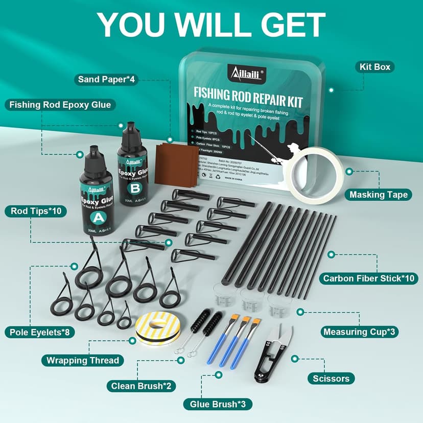 Ailiaili Fishing Rod Repair Kit - 3-IN-1 Fishing Pole Complete Supplies Kit for Rod Tips, Fishing Rod & Guide Eyelets Replacement, with Epoxy Glue, Wrapping Thread and Other Fishing Accessories & Gear