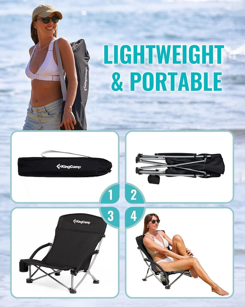 KingCamp Low Beach Chair, High Back Folding Camping Chair for Adults, Oversized Breathable Mesh Seat, 300lbs Heavy Duty Portable Chair with Cup Holder & Storage Pockets for Beach, Outdoor