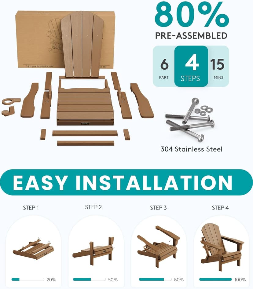 SERWALL Folding Adirondack Chair Set of 2 Outdoor Chairs Painted Adirondack Chair with Cup Holder Weather Resistant for Patio Deck Garden, Backyard Deck, Fire Pit- Brown
