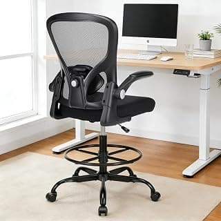 Drafting Chair, Tall Office Chair for Standing Desk, Mesh High Desk Chair with Flip-Up Armrests, Ergonomic Office Chair with Lumbar Support, Adjustable Footrest Ring Studio Chair, Black