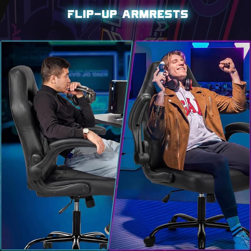 Sweetcrispy Computer Gaming Desk Chair - Big Tall Ergonomic Lumbar Support with Flip-up Armrest and 360° Swivel Wheels, PU Leather Height Adjustable, for Home and Office, Black