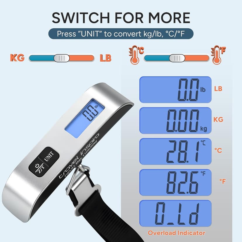 travel inspira Digital Luggage Scale – Portable Hanging Suitcase Weight Scale for Travel, 110 lb Capacity, Backlit LCD Display, Prevents Airport Overweight Fees, Battery Included B07QFTGGYF