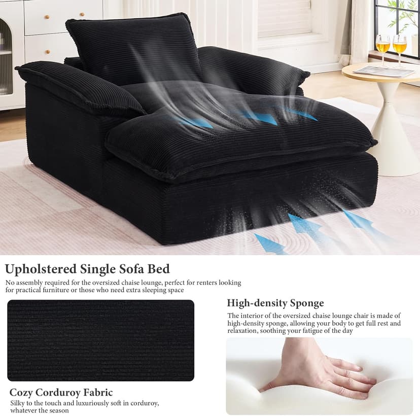 Oversized Chaise Lounge Chair Indoor, 67" Boneless Chaise Lounge with Extra Deep Seat, Comfy Corduroy Upholstered Sleeper Sofa Bed, Cozy Fluffy Single Sofa Armchair for Living Room, Black