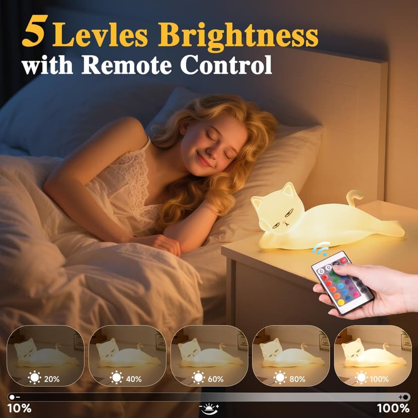 Lying Cat Lamp Funny Gifts, 16 Colors+5 Dimming+Silicone Random Stuff, Touch+Remote+Recharge Night Light, Unique Cool Lamp,Cute Weird Stuff, Squishy Cat White Elephant Gifts for Women/Men/Teens/Kids B0CH9K8NST