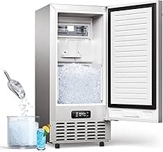ecozy Under Counter Nugget Ice Maker Machine, Bulit-in & Freestanding, Horizontal Handle, Reversible Door, 66 Lbs/Day, Thickened Viewing Glass Window, Self-Cleaning & 24H Timer, Stainless Steel