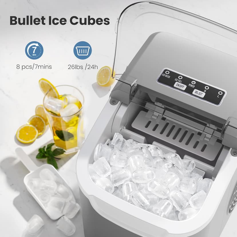 Portable Countertop Ice Maker Machine with Handle, 9 Bullet-Shaped Ice Cubes Ready in 6 Mins, 26Lbs/24H, Self-Cleaning Function with Ice Scoop and Basket for Home/Kitchen/Party (Grey)
