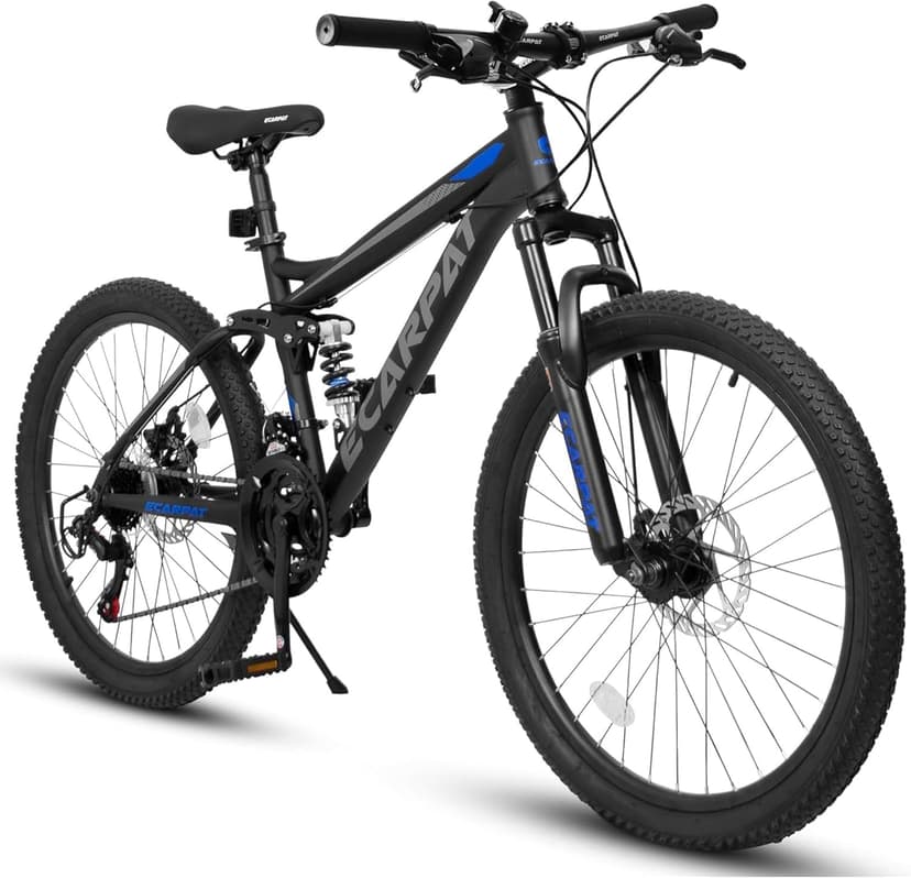 Mountain Bike 24 26 27.5 Inch, Dual Full Suspension Mens Womens Bike, 21 Speeds Dual Disc Brake Carbon Steel Bike, Boys Mens Mountain Bike for School Work Summer Camping, Birthday Gift Choice