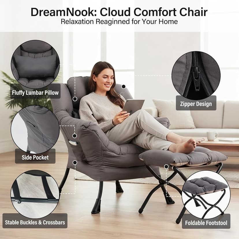Lazy Chair with Ottoman, Modern Accent Chair with Lumbar Pillow, Dark Grey Sofa, Armchairs with Folding Footrest, Oversized Supportive Chairs for Bedroom, Reading