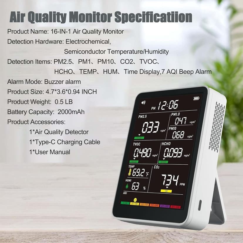 Professional Indoor Air Quality Monitor with AQI Alerts, Portable Real-Time Detector for Home, Car, Plants & Pet (Milk White)