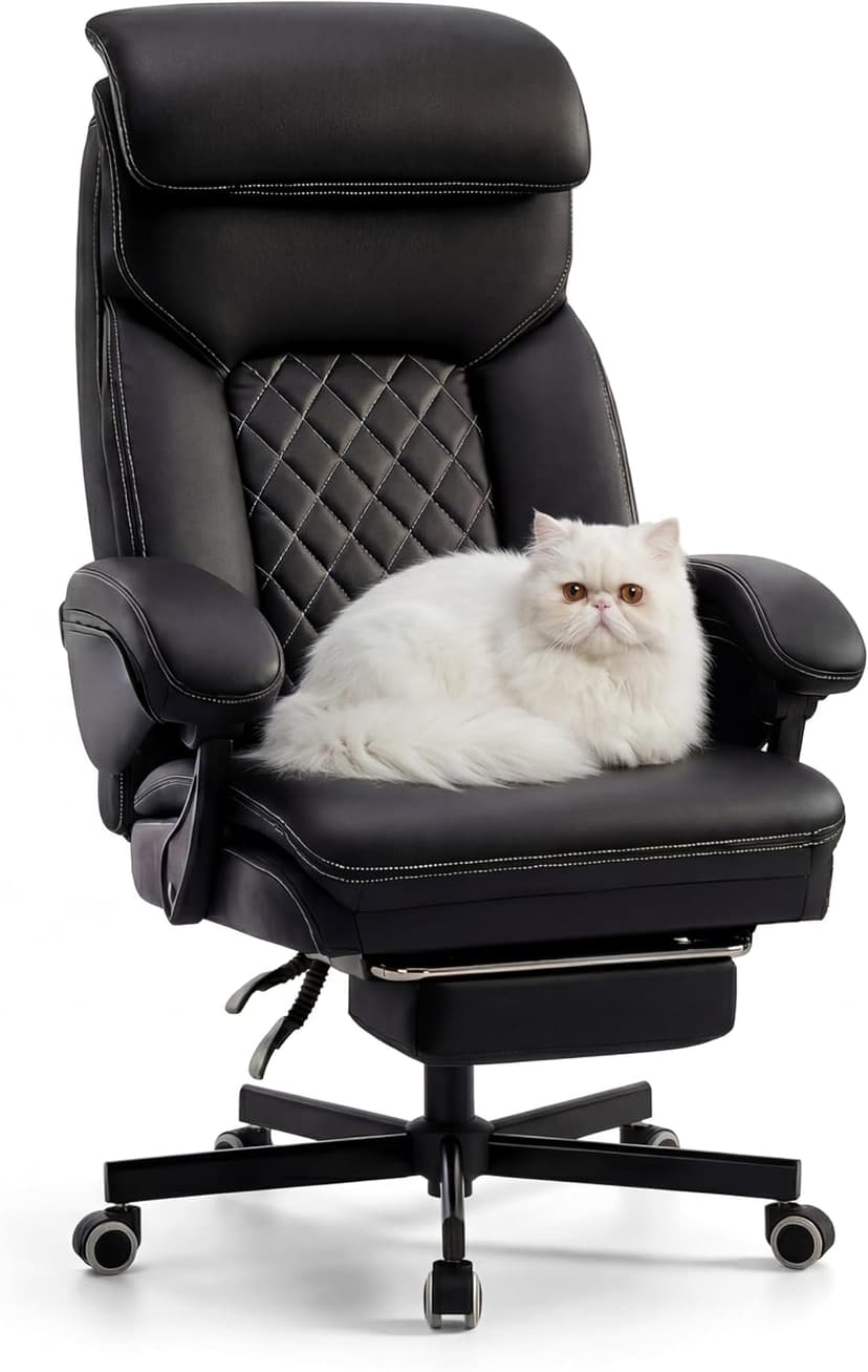 Ergonomic Executive Office Chair - Big and Tall Home Comfy Desk Gaming Chair for Adults, Heavy Duty Leather Reclining Wide Computer Chair with Foot Rest and Back Support (Black)