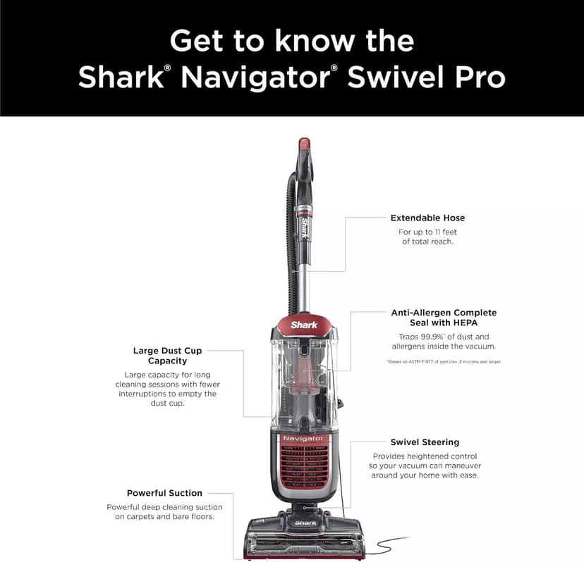 SHARK NV181 Navigator Swivel Pro Upright Vacuum with HEPA Filtration, Bagless, Swivel Steering, Multi-Surface Cleaning, Perfect for Pets (Renewed)