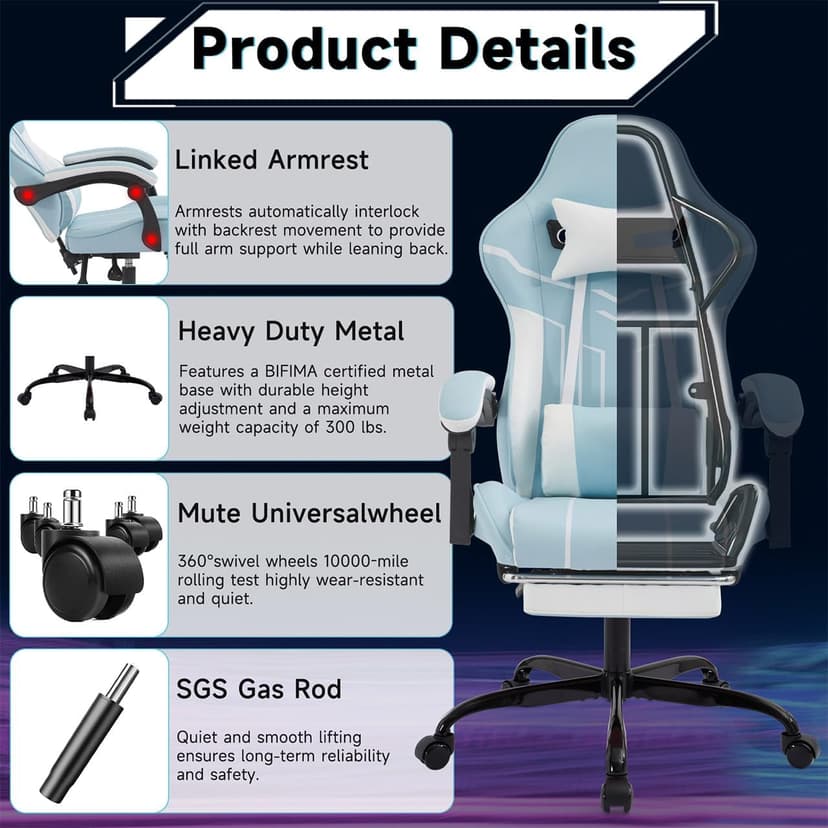 Gaming Desk Chair for Adults, Ergonomic Gaming Chair with Footrest & Headrest and Lumbar Support, Leather Material Height Adjustable Computer Video Game Chairs (Blue+White)