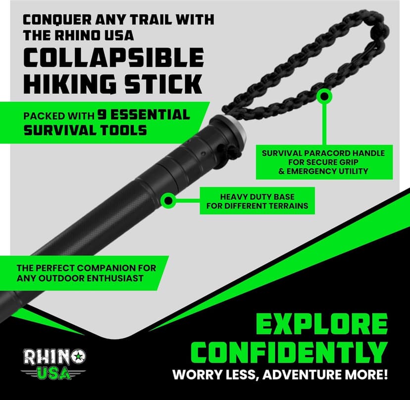 Rhino USA Tactical Hiking Stick with Integrated Survival Kit – Essential Camping Gear for Hiking & Trekking – Durable Tactical Gear for Outdoor Adventures