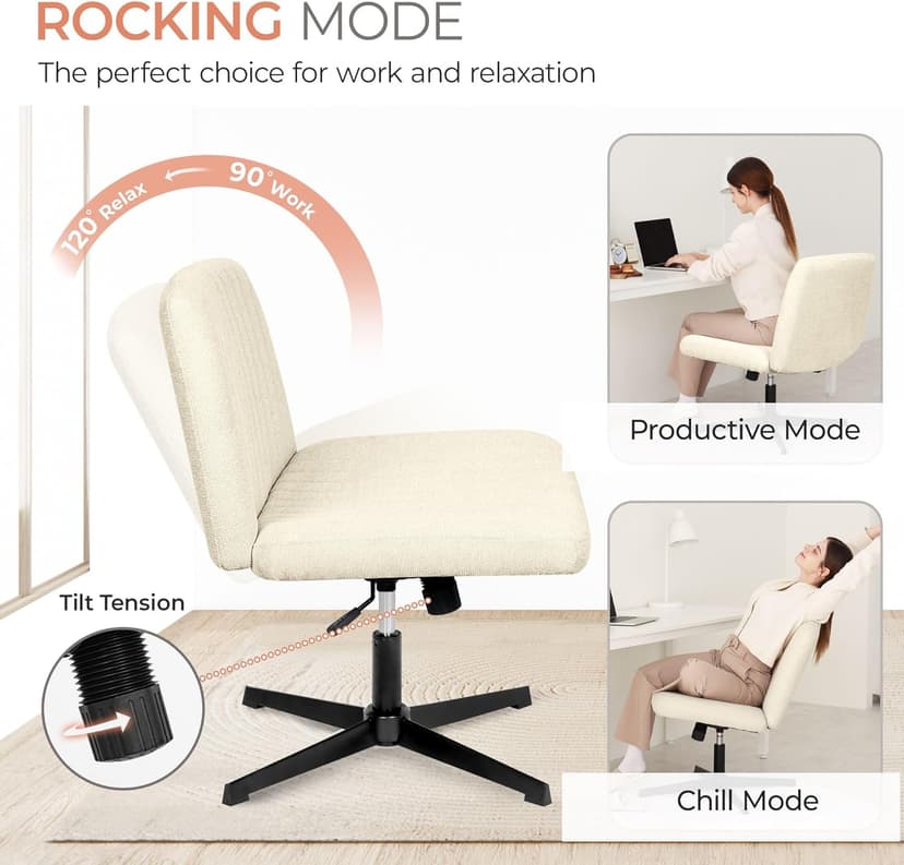 Orange Factory Criss Cross Chair No Wheel Wide Cross Legged Office Desk Vanity Chair Comfy Fabric Armless Adjustable Swivel for Home Computer Task (Beige No Wheel, Classic Fabric)