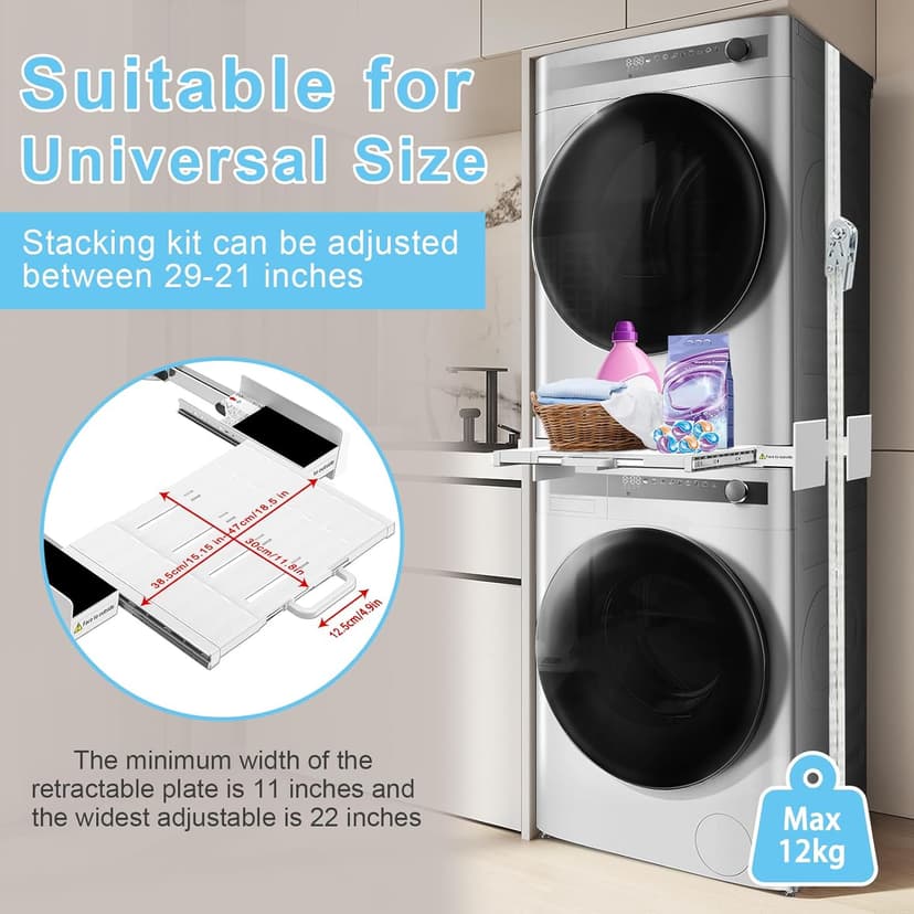 Kiss Core Washer Dryer Stacking Kit, Universal Washer Dryer Stacking Kit with Pull-Out Sliding Plate, Adjustable 29"-21" Stacking Kit for Washer and Dryer with Ratchet Strap