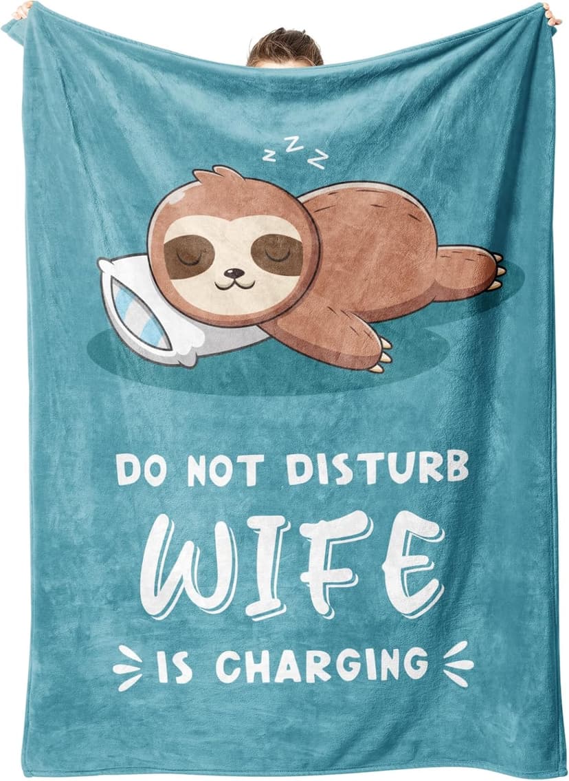 Wife is Charging Sloth Blanket 60" x 50", Cyan, Christmas Mothers Day Birthday Gift for Wifey from Husband Leebbsin Funny Gifts for Wife, Anniversary Wedding Gifts for Wife B0DNMFTB5W