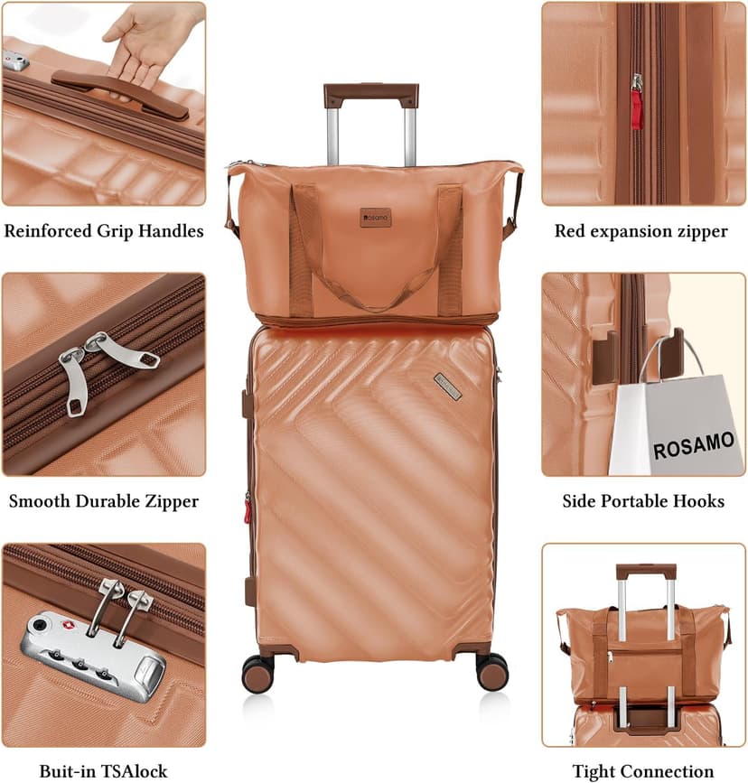 Rosamo 5 piece Luggage Set Expandable Suitcase 22x14x9 Airline Approved Carry on, ABS Hard Case Suitcases with Spinner Wheels, TSA Lock (Pink)