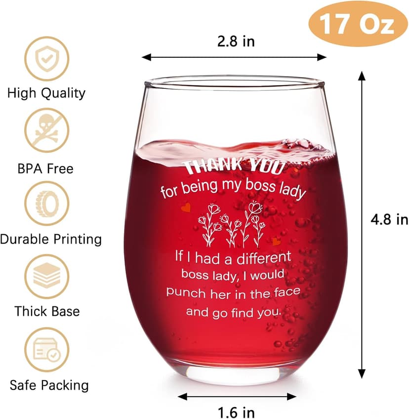 Futtumy Boss Lady Gifts, Bosses Day Gifts for Women, Thank You for Being My Boss Lady Wine Glass, Funny Boss Day Gift Office Christmas Birthday Retirement Gift for Women Manager, 17 Oz