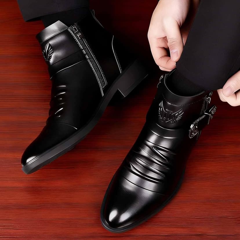 DONRRNDK Men's Leather Embossed Pattern Ankle Boots with Buckle Strap Retro Round Toe Side Zipper Non Slip Block Low Heel Dress Booties for Formal Casual Wear Short Boots