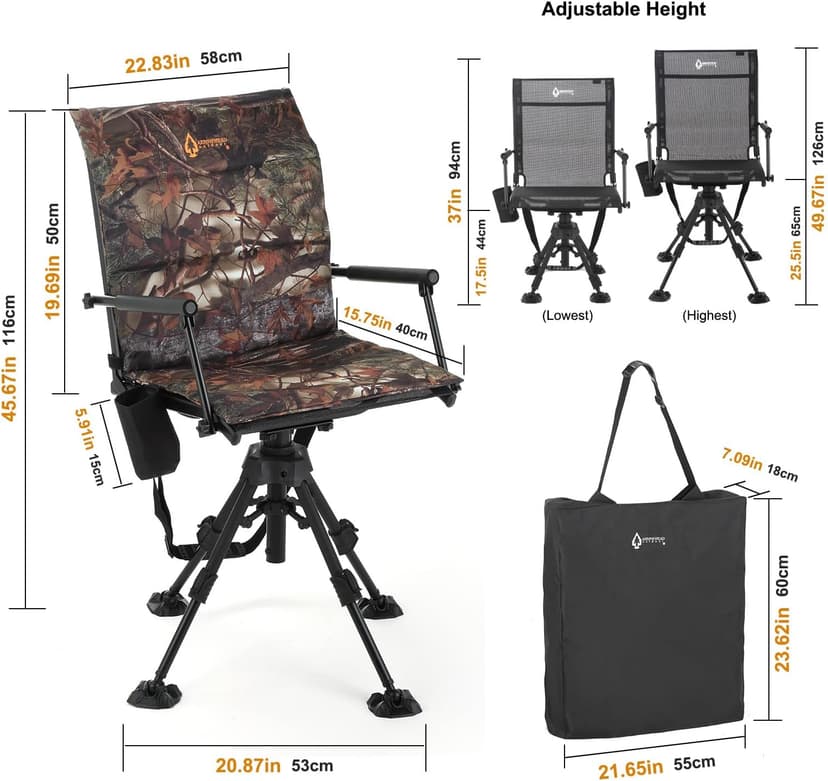 ARROWHEAD OUTDOOR Wide Folding 360° Hunting Swivel Blind Chair with Removable Camouflage Seat Pad, Armrest, No-Sink Feet, Shoulder Strap, Mesh Chair, Adjustable Height