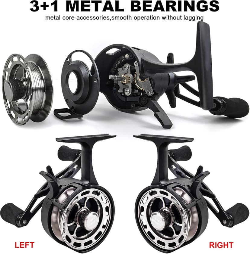 FREE FISHER Ice Fishing Reels 3.2:1 Gear Ratio Ultra Smooth 3+1Ball Bearings Strength CNC-machined Aluminum Inline Ice Fishing Reel with Left/Right Hand Retrieve