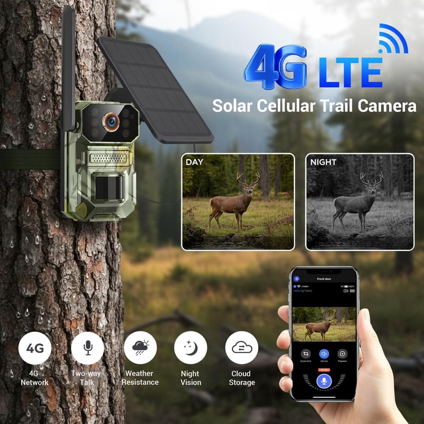 4G LTE Cellular Trail Camera with Solar Panel, 1080p Full HD Game Cameras, Live View, Night Vision, Motion Detection, 2-Way Talk, IP65, Built-in SIM Card, Unlimited Plan (Sold Separately)