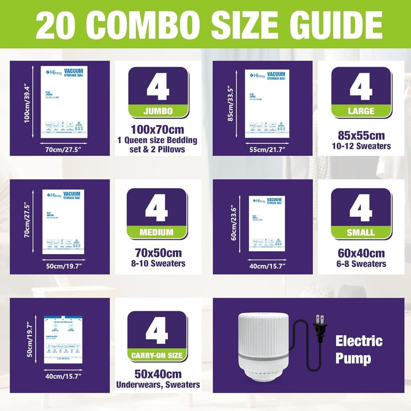 HIBAG Vacuum Storage Bags with Electric Pump, Vacuum Seal Space Saver Bags for Clothes, Clothing, Pillows, Blanket Bedding Comforters, Combo 20 pack