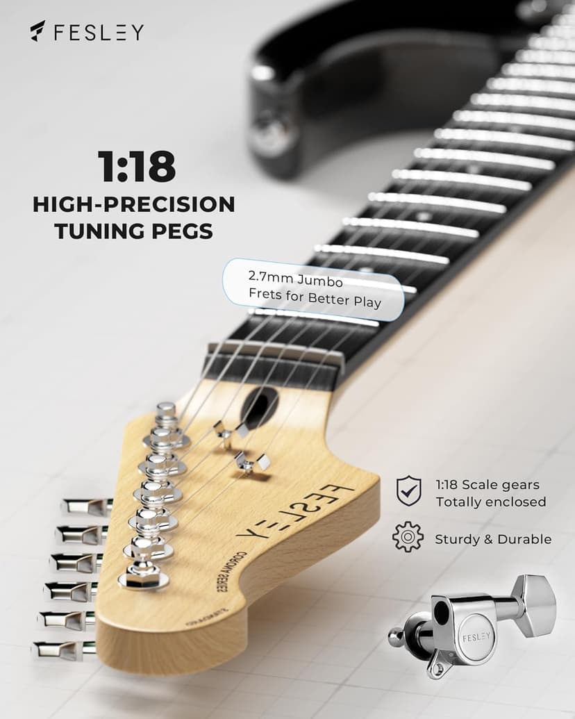 Fesley Left-Handed Electric Guitar: 39" Full Size Beginner Electric Guitar Kit, HSS Pickup, Solid Body Guitar Starter Set with Amplifier, Bag, Strap, String, Cable, FST100L, Black