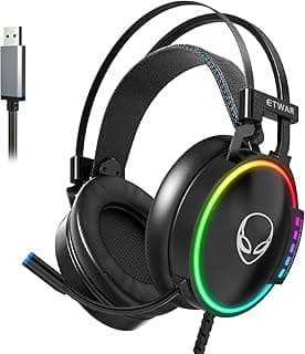 ETWAR EG100 USB Wired Gaming Headset for PC, 7.1 Surround Sound,Computer Headphones with Microphone/Mic Noise Cancelling, Video Gaming, RGB Flowing Light - for PS4, PS5,Laptop