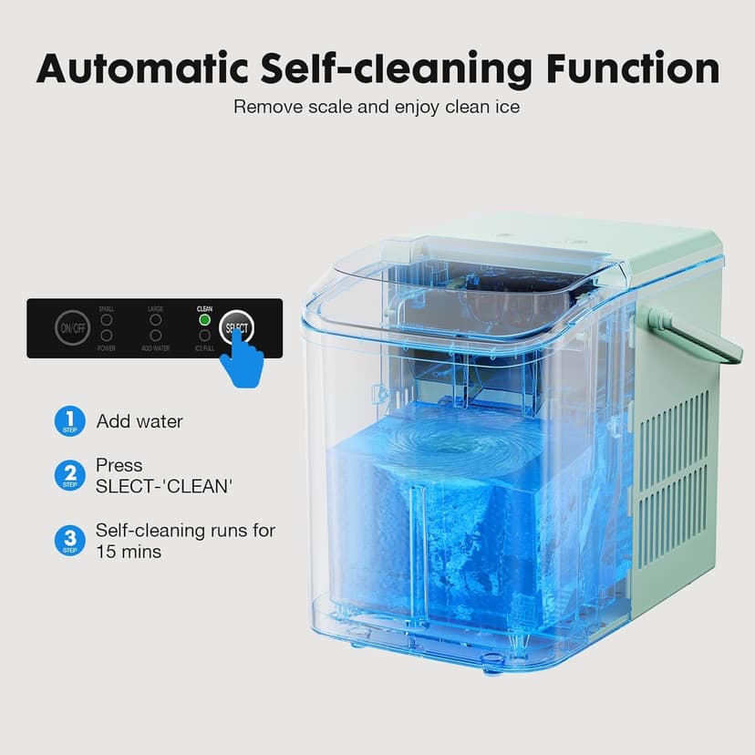 Sweetcrispy Countertop Ice Maker with Scoop, Basket and Handle, Portable Ice Machine 9 Ice Cubes Ready in 6 Mins, 26.5lbs in 24Hrs, 2 Sizes for Home Kitchen Office Bar Party, Green