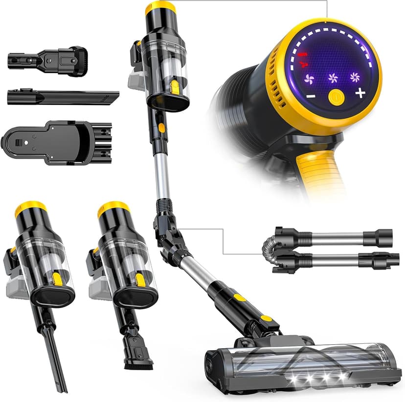 LIVOWALNY Cordless Vacuum Cleaner Compatible with DeWalt 20V Battery, 350W Brushless 40kPa Suction, 0.8L Dual Dust Cup, LED Floor Brush & 180° Flex Wand for Hardwood & Carpet (Battery Not Included)