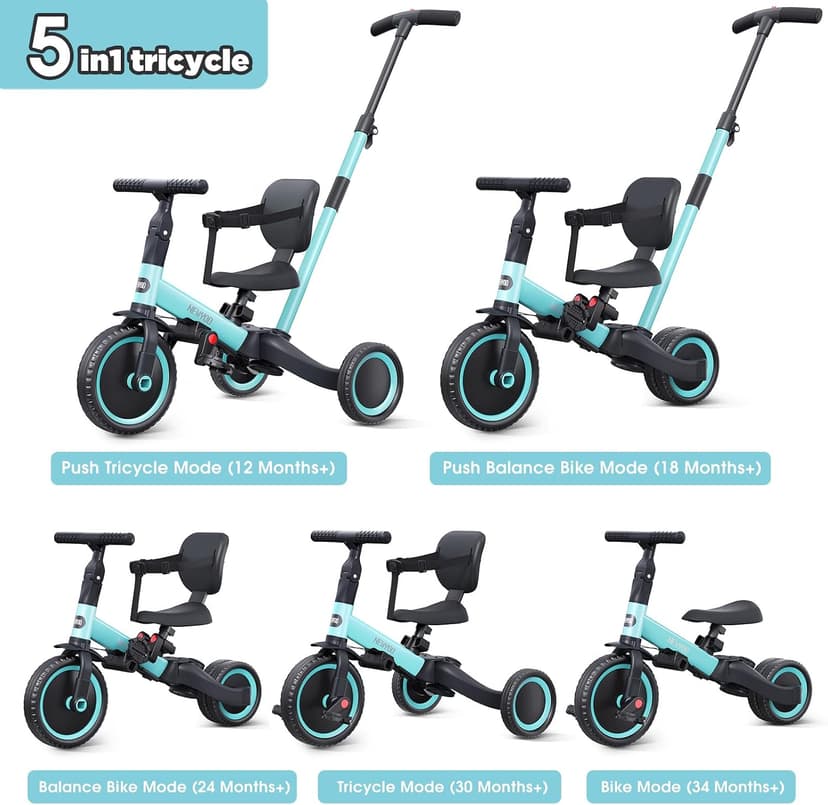 Toddler Trike with Push Handle Lets Parents Steer and Converts to Balance Bike, Fun Outdoor Toy for Boys and Girls, Blue newyoo TR007 5-in-1 Tricycle for Toddlers 1-3, Toddler Bike, Birthday Gift B0B9LCT9B7